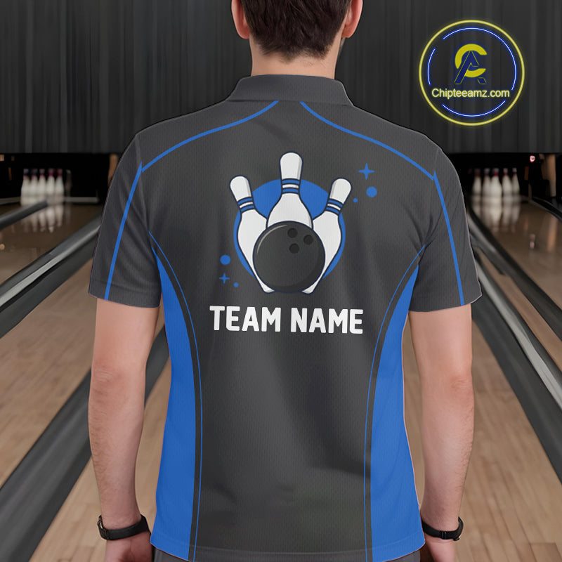 Custom Black And Mid Blue Classic Bowling Team Polo Shirt For Men, Bowling League Shirt IPHW9912