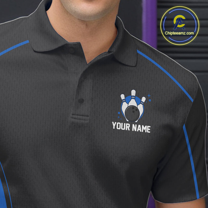 Custom Black And Mid Blue Classic Bowling Team Polo Shirt For Men, Bowling League Shirt IPHW9912