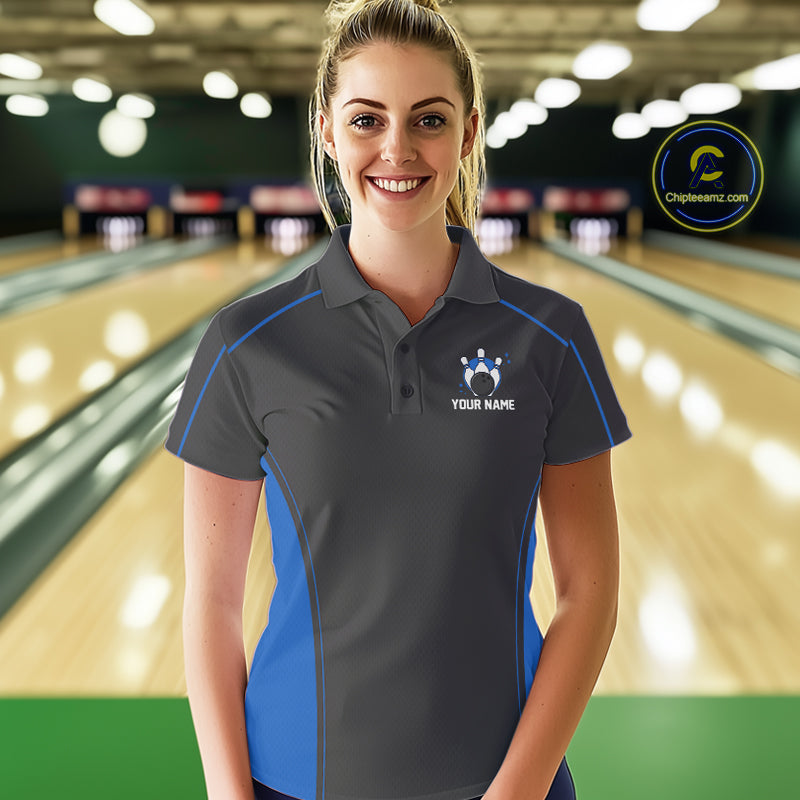 Custom Black And Mid Blue Classic Bowling Team Polo Shirt For Women, Bowling League Shirt IPHW9912