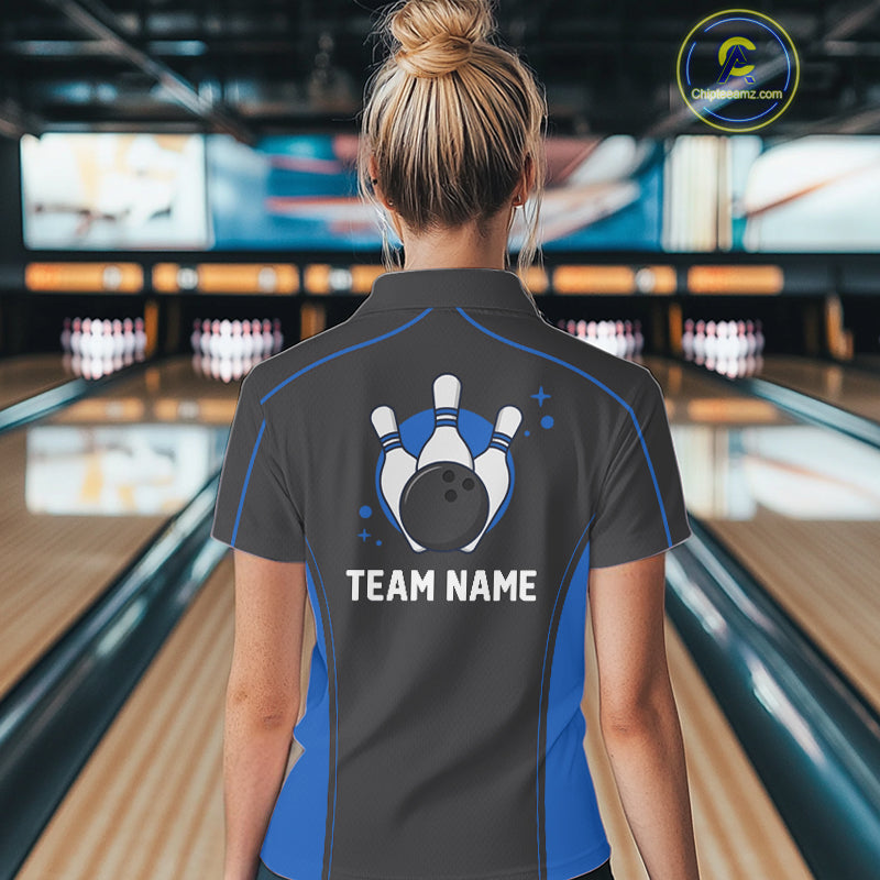 Custom Black And Mid Blue Classic Bowling Team Polo Shirt For Women, Bowling League Shirt IPHW9912