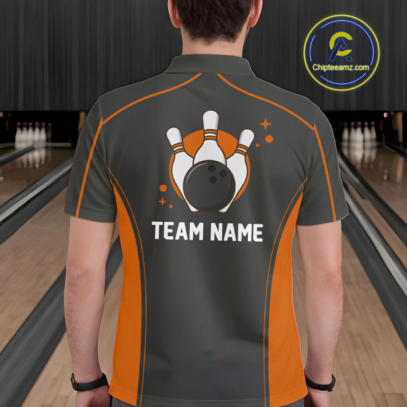 Custom Black And Orange Classic Bowling Team Polo Shirt For Men, Bowling League Shirt IPHW9913