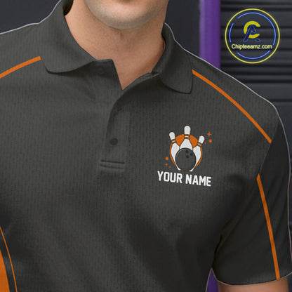 Custom Black And Orange Classic Bowling Team Polo Shirt For Men, Bowling League Shirt IPHW9913