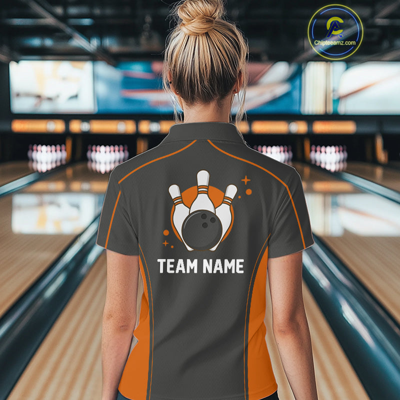 Custom Black And Orange Classic Bowling Team Polo Shirt For Women, Bowling League Shirt IPHW9913