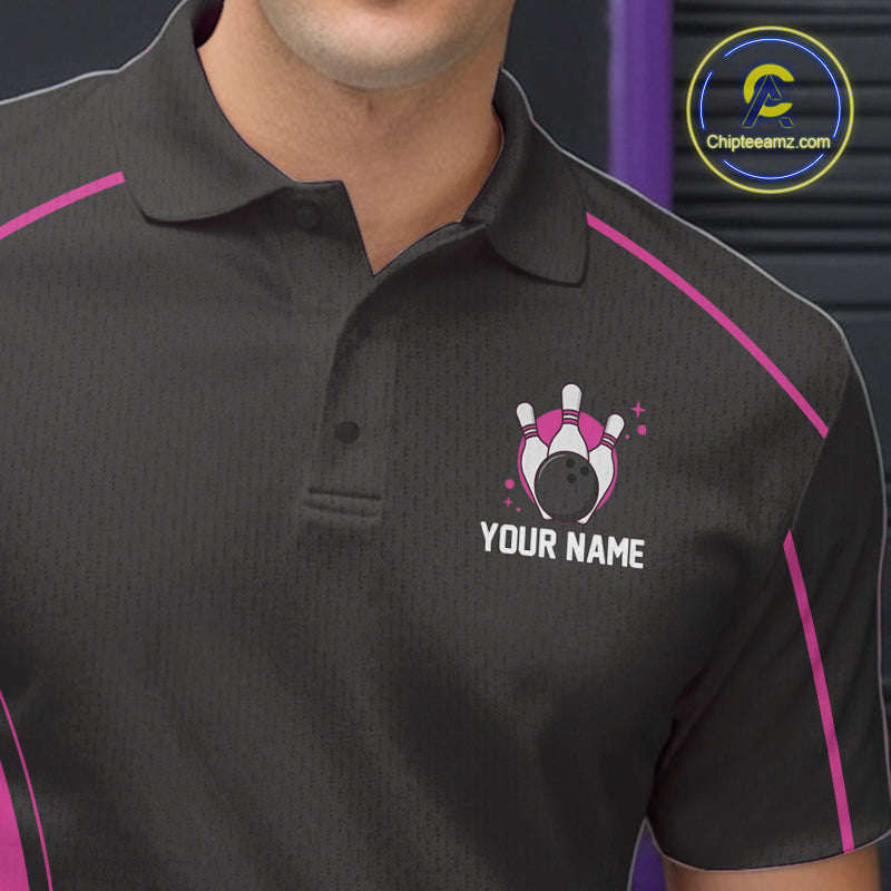 Custom Black And Pink Classic Bowling Team Polo Shirt For Men, Bowling League Shirt IPHW9915