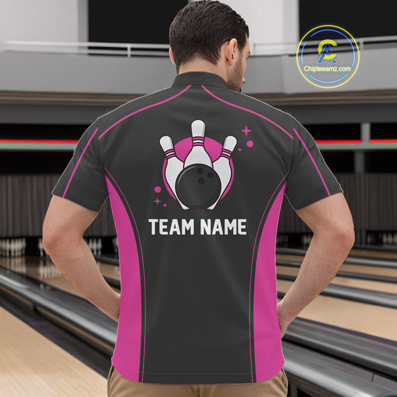 Custom Black And Pink Classic Bowling Team Quarter-Zip Shirt For Men, Bowling League Shirt IPHW9915