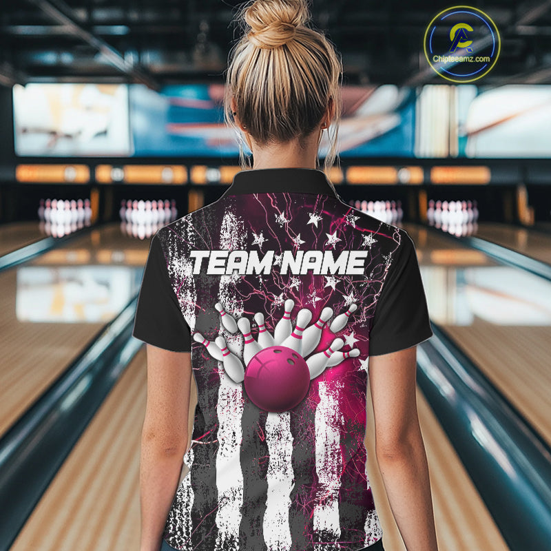 Pink Lightning US Flag Custom Bowling Team Jersey, Patriotic Bowling Polo Shirt For Women IPHW9916
