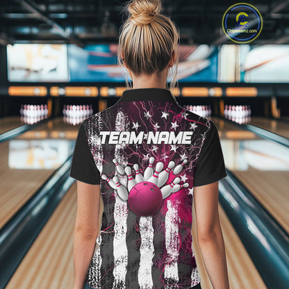 Pink Lightning US Flag Custom Bowling Team Jersey, Patriotic Bowling Polo Shirt For Women IPHW9916