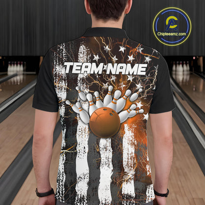Orange Lightning US Flag Custom Bowling Team Jerseys, Patriotic Bowling Polo Shirt For Men IPHW9917