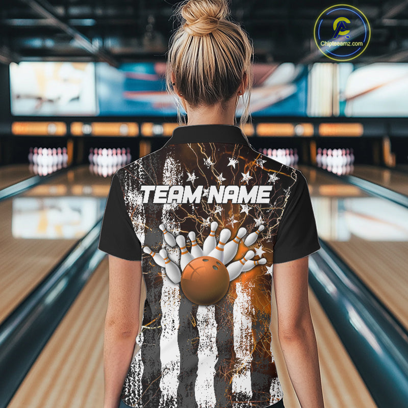 Orange Lightning US Flag Custom Bowling Team Jerseys, Patriotic Bowling Women Polo Shirt IPHW9917