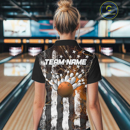 Orange Lightning US Flag Custom Bowling Team Jerseys, Patriotic Bowling Women Polo Shirt IPHW9917