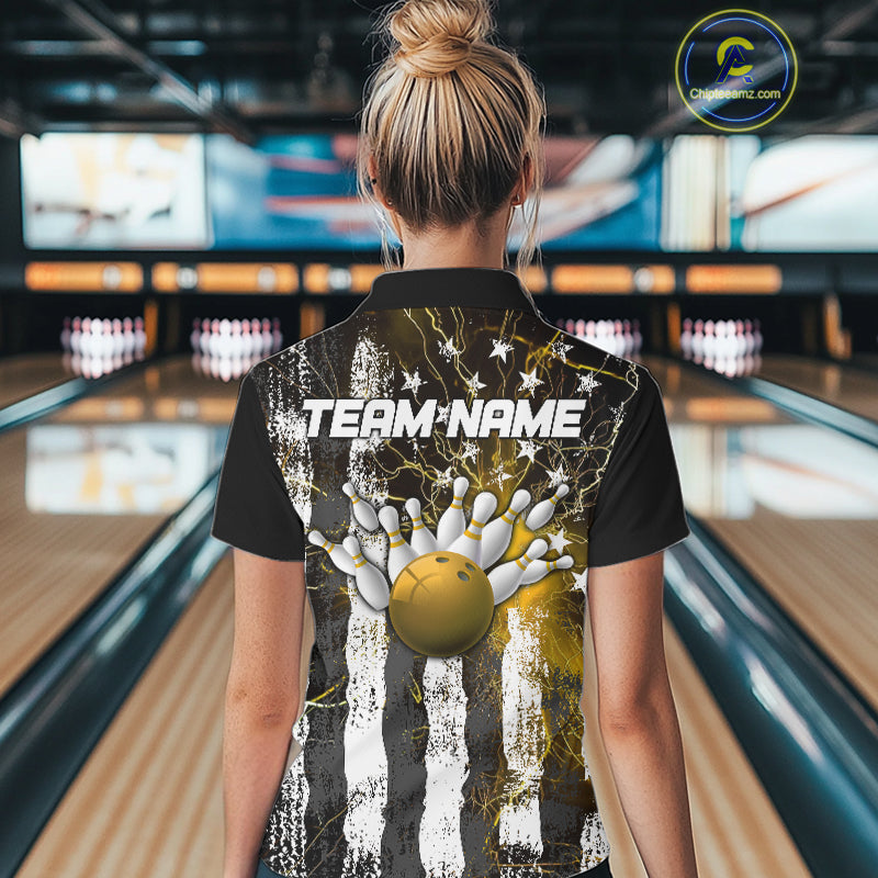 Yellow Lightning US Flag Custom Bowling Team Jerseys, Patriotic Bowling Women Polo Shirt IPHW9918