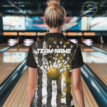 Yellow Lightning US Flag Custom Bowling Team Jerseys, Patriotic Bowling Women Polo Shirt IPHW9918