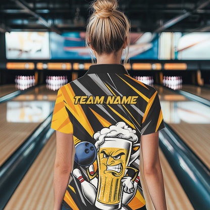 Custom Black Yellow Funny Beer Bowling Women Polo Shirt, Angry Beer Glass Bowling Jersey IPHW8933