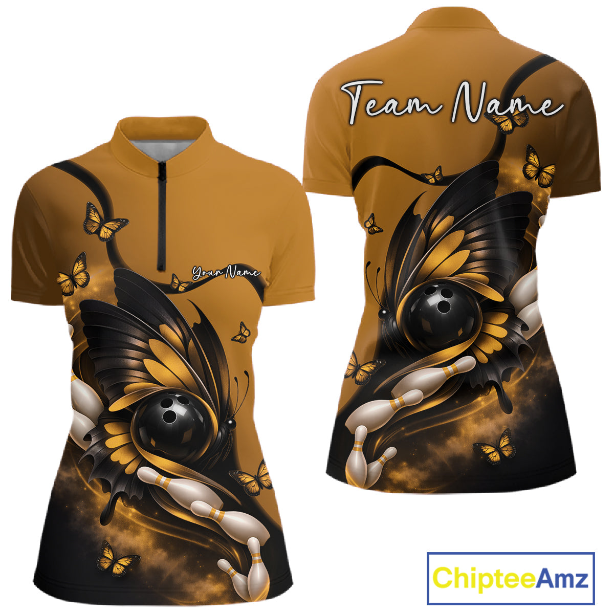 Front and back mockup of a yellow and black women’s bowling quarter-zip shirt featuring a butterfly wrapped around a bowling ball with bowling pins.