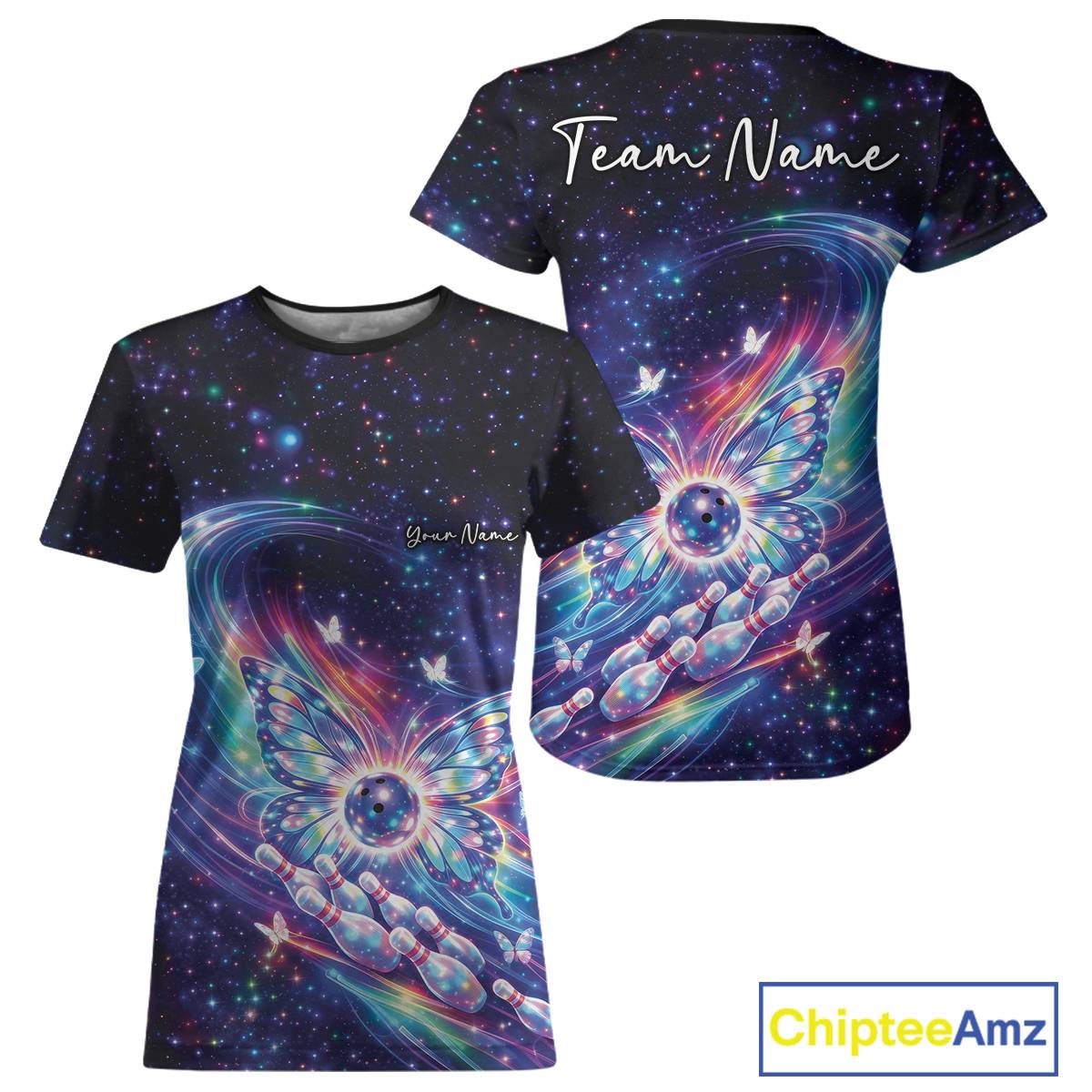 Colorful women’s crewneck bowling shirt displayed from front and back with glowing butterfly wings around a bowling ball and vibrant galaxy graphics.