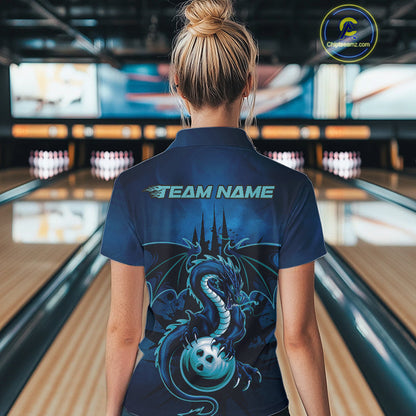 Custom Black And Blue Dragon Bowling Polo Shirts For Women, Dragon League Team Shirt IPHW9532