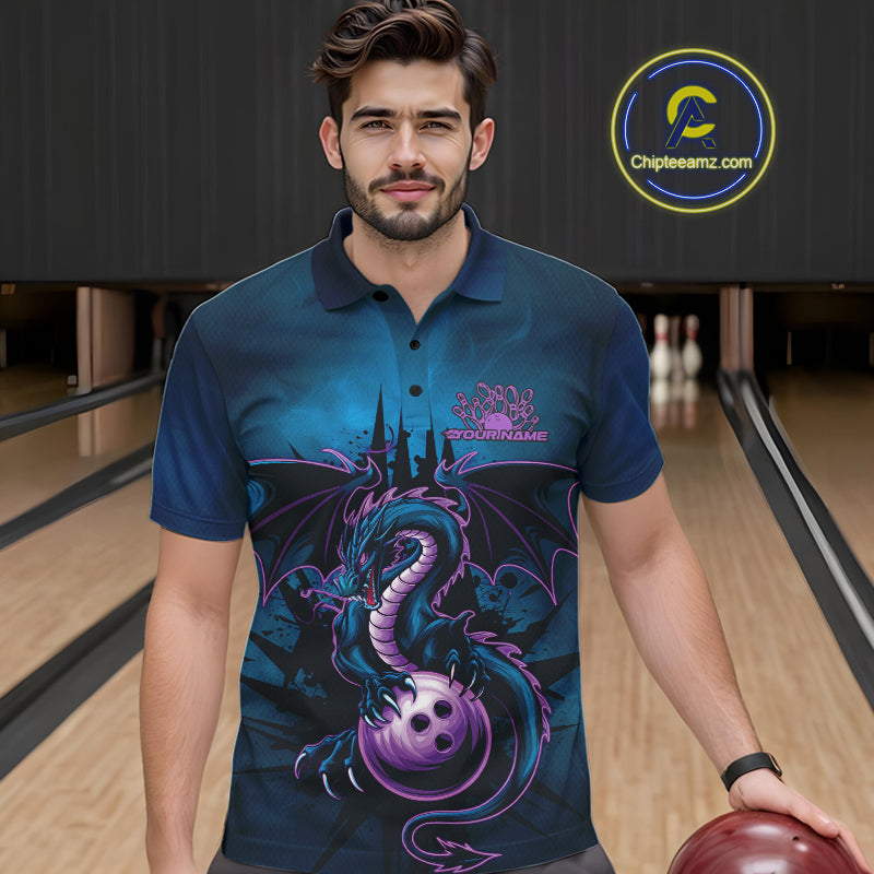 Custom Blue And Purple Dragon Bowling Polo Shirts For Men, Dragon League Team Shirt IPHW9533