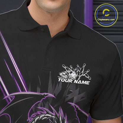 Custom Black And Purple Dragon Bowling Polo Shirts For Men, Dragon Bowling Team Shirt IPHW9538
