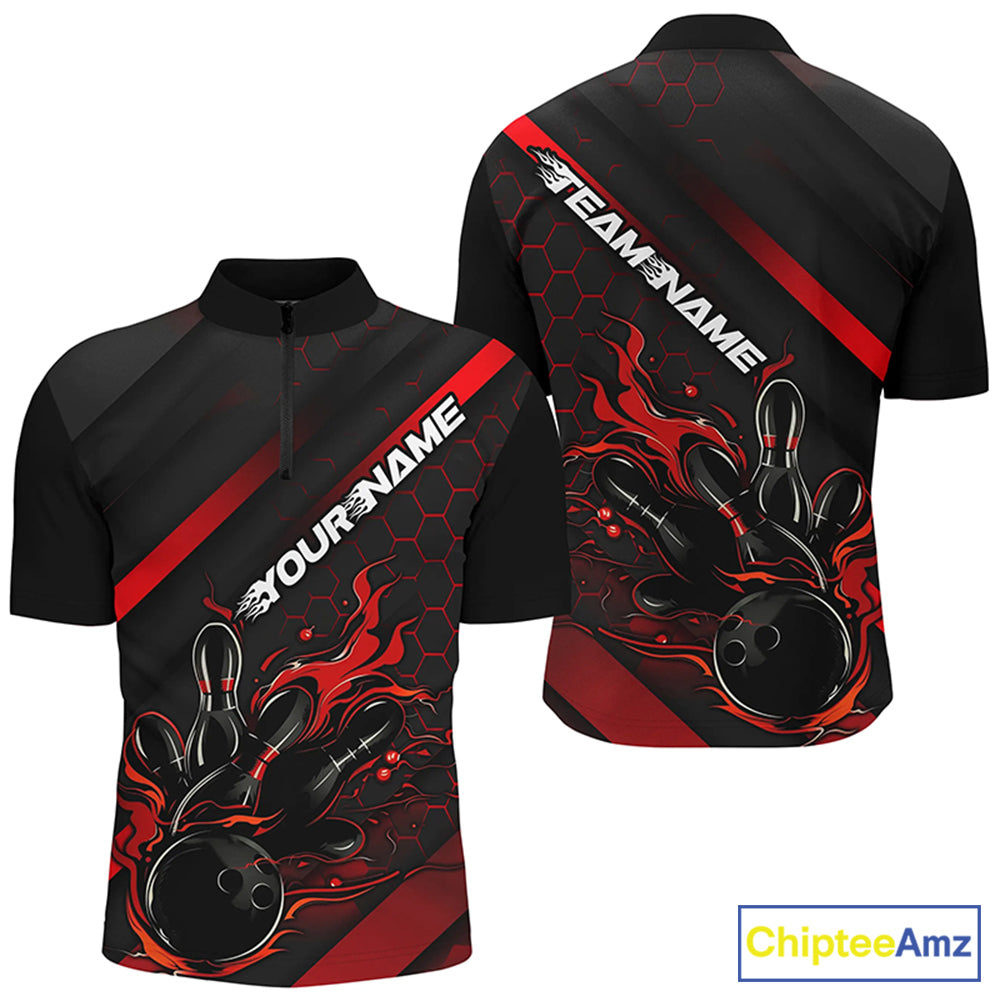 Custom Black And Red Flame Bowling Shirts For Men, Bowling Team Bowling League Shirts IPHW7210