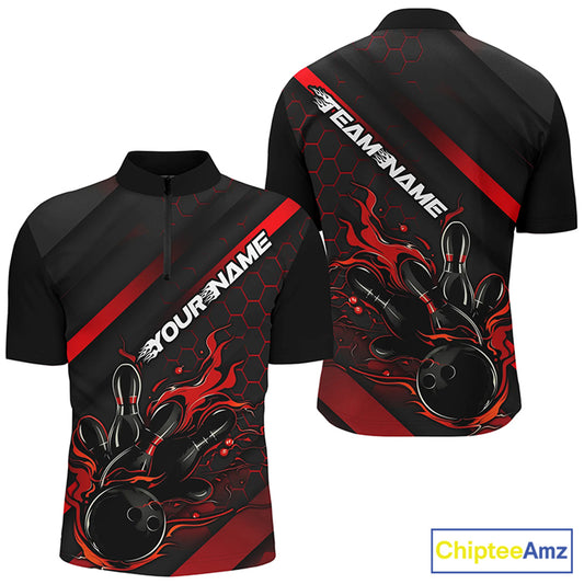Custom Black And Red Flame Bowling Shirts For Men, Bowling Team Bowling League Shirts IPHW7210