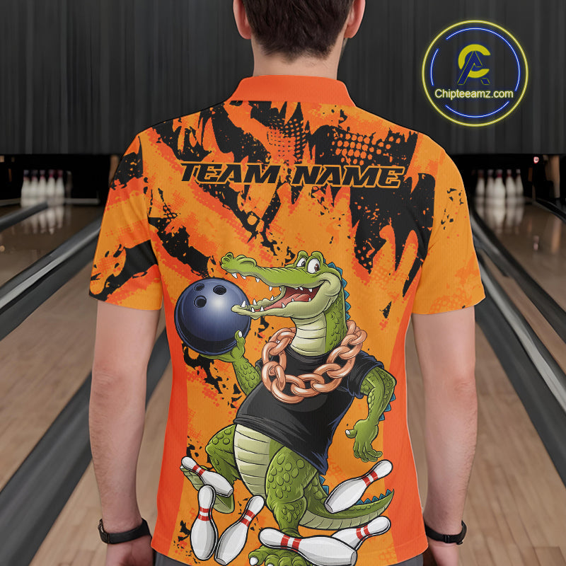 Custom Funny Alligator Bowling Polo Shirt For Men, Grunge Orange Bowling Team Jerseys IPHW9923