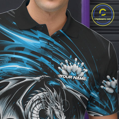 Custom Black And Blue Fire Flame Dragon Bowling Jerseys Bowling Team Men Polo Shirt IPHW10292
