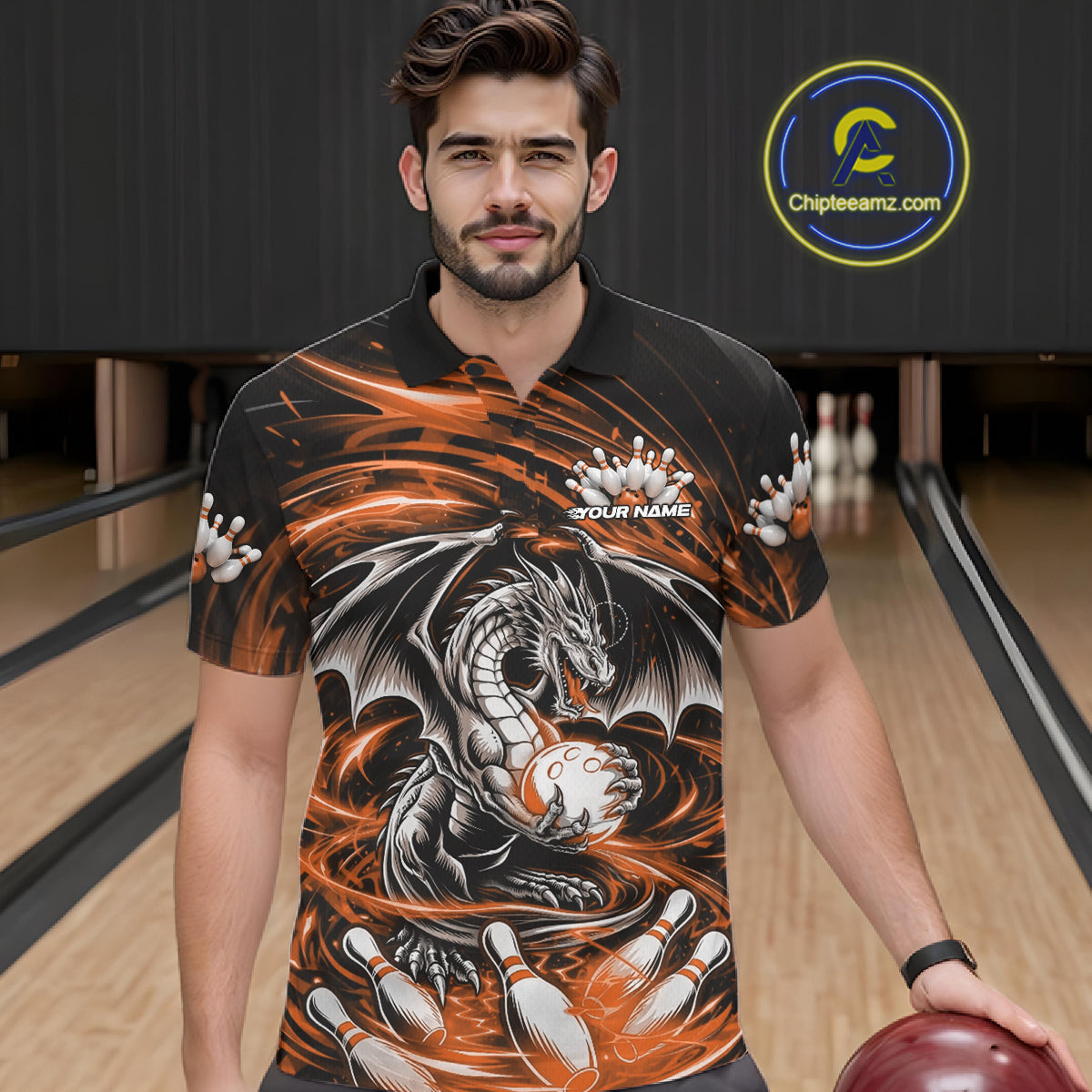 Custom Black And Orange Fire Flame Dragon Bowling Jerseys Bowling Team Men Polo Shirt IPHW10293