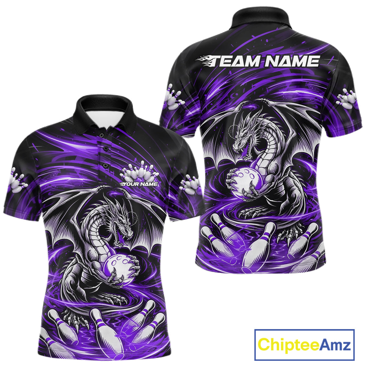 Custom Black And Purple Fire Flame Dragon Bowling Jerseys Bowling Team Men Polo Shirt IPHW10295