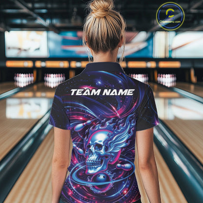 Custom Galaxy Flame Skull Bowling Team Women Polo Shirt, Bowling Tournament Outfit IPHW10296