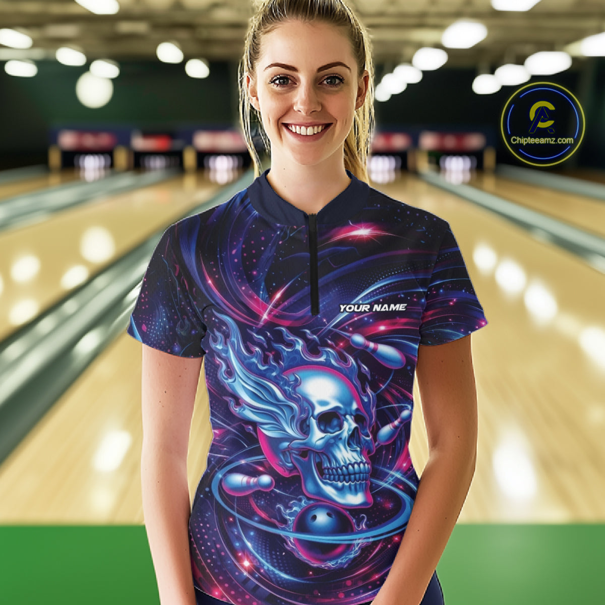 Custom Flame Skull Bowling Team Women Quarter-Zip Shirt, Bowling Tournament Outfit IPHW10296