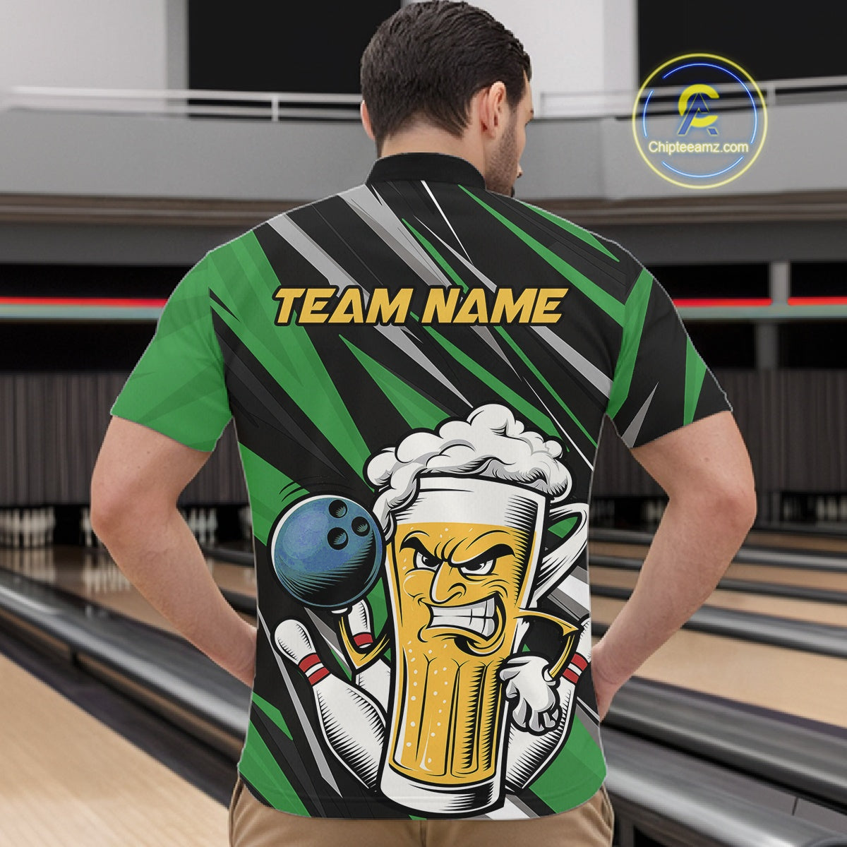 Custom Funny Green Bowling Jerseys Bowling And Beer Men Quarter-Zip Shirts, Bowling Jerseys IPHW10534