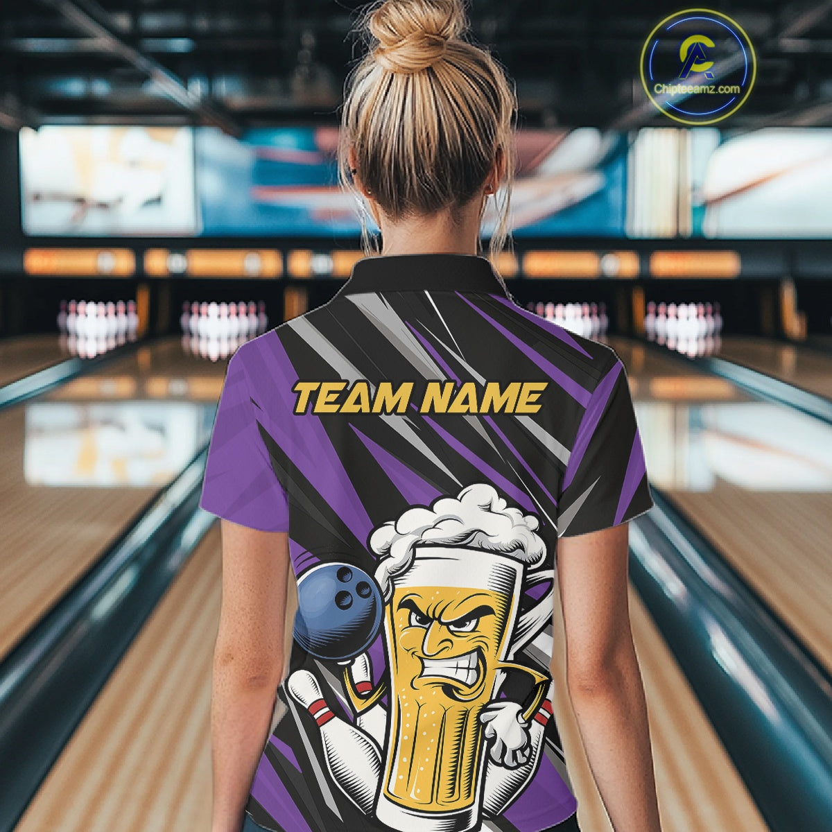 Custom Funny Purple Bowling Jerseys Bowling And Beer Women Polo Shirts, Bowling Jerseys IPHW10535