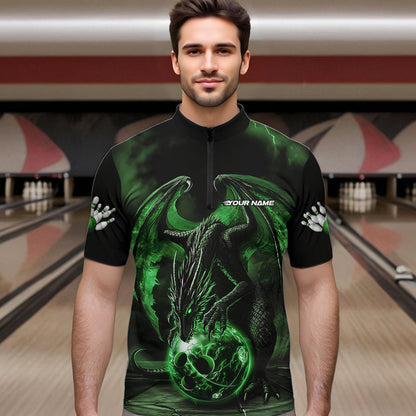 Black And Green Custom Bowling Team Quarter-Zip Shirts For Men, Dragon Bowling League Shirts IPHW8691