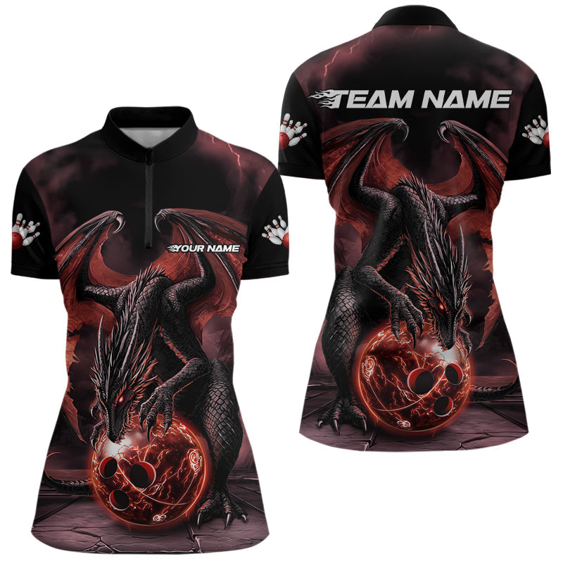 Black And Orange Custom Bowling Team Womens Quarter-Zip Shirt, Dragon Bowling League Shirts IPHW8692
