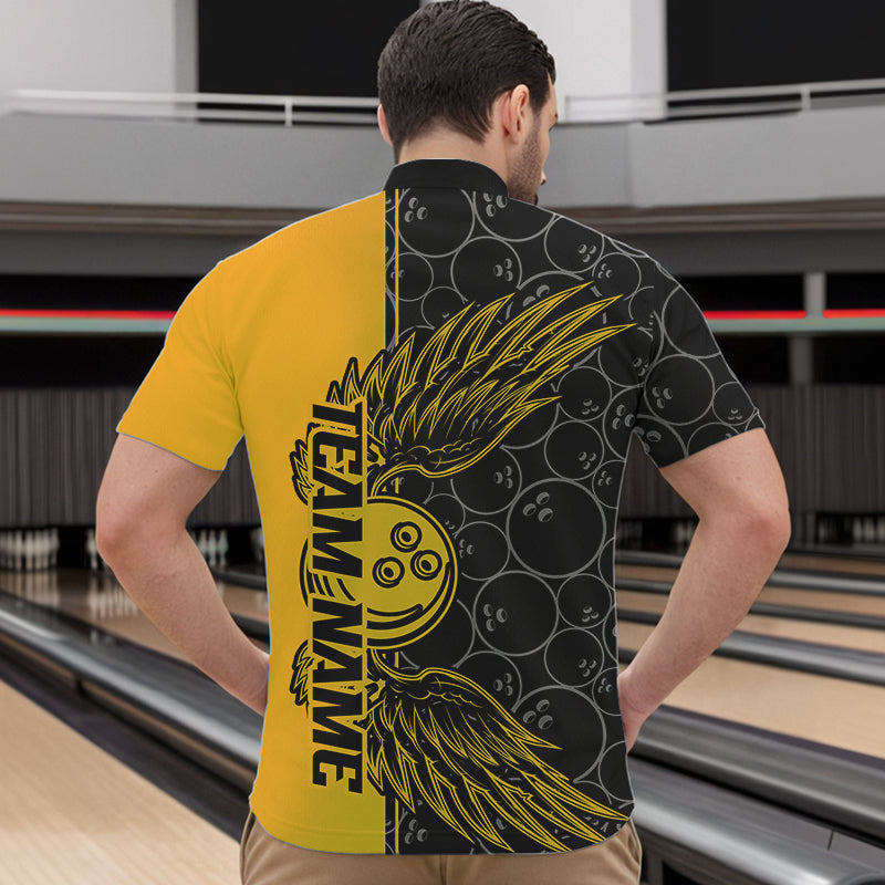 Black And Yellow Custom Bowling Ball And Wings Bowling Quarter-Zip Shirts For Men, Team Uniform IPHW8694