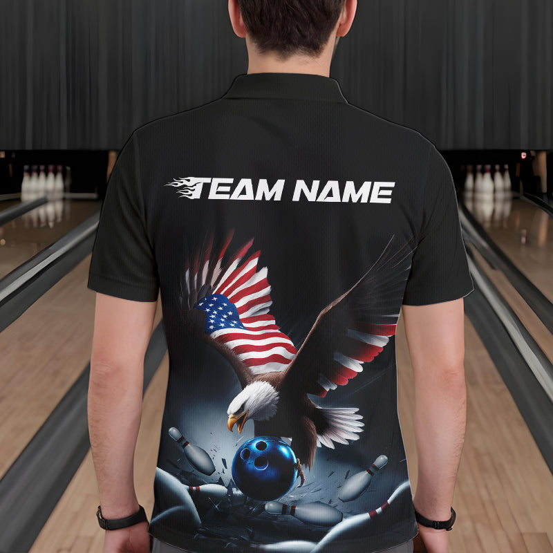 Custom American Flag Eagle Bowling Team Men Polo Shirts, Patriotic US Bowling League Shirt IPHW8937