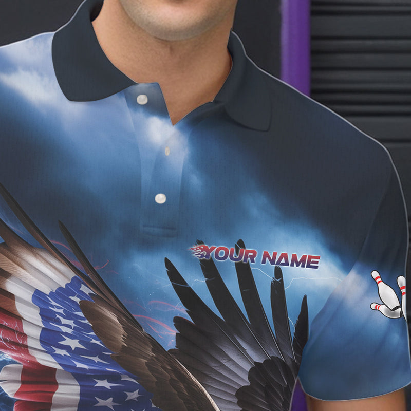 Custom Blue Lightning Patrotic Eagle Bowling Men Polo Shirt, US Flag Bowling Team Shirt IPHW8938
