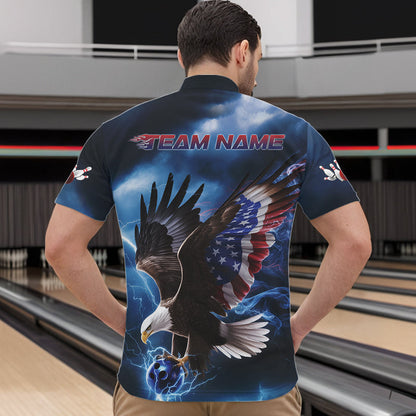 Custom Blue Lightning Patrotic Eagle Bowling Men Quarter-Zip Shirt, US Flag Bowling Team Shirt IPHW8938