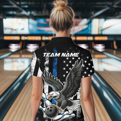 Custom Blue Line American Flag Eagle Bowling Women Quarter-Zip Shirt, Patriotic Bowling IPHW8941
