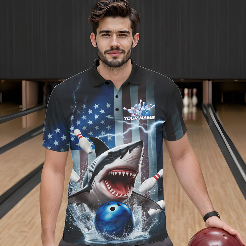 Custom American Flag Shark Bowling Men Polo Shirt, Patriotic Shark Bowling Jerseys IPHW8944