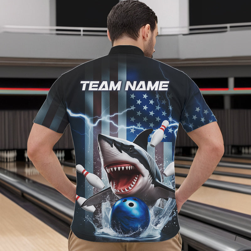 Custom American Flag Shark Bowling Men Quarter-Zip Shirt, Patriotic Shark Bowling Jerseys IPHW8944