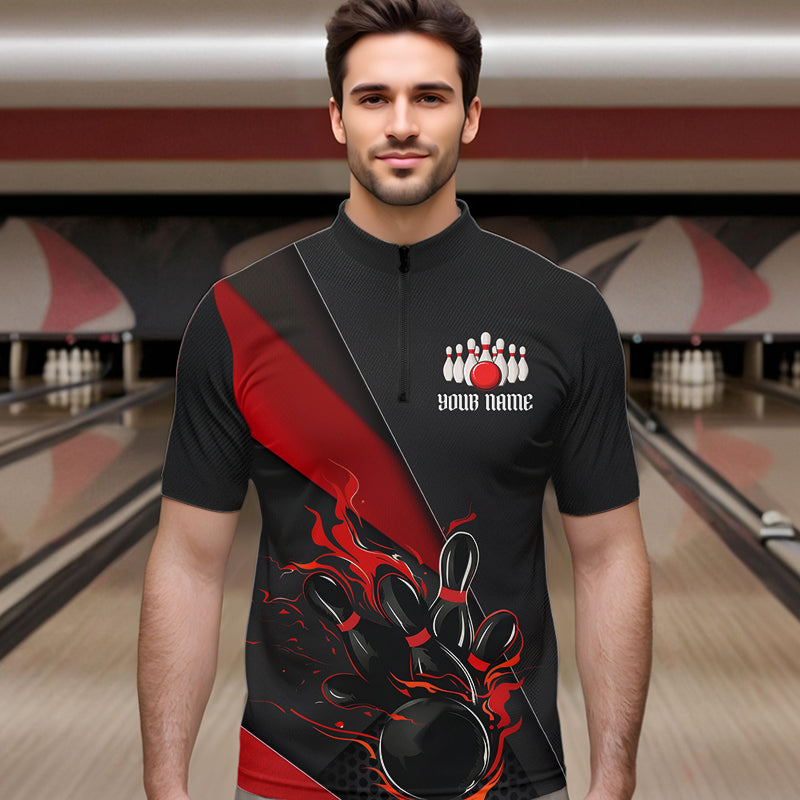 Custom Black And Red Flame Duckpin Bowling Team Men Quarter-Zip Shirts, Duckpin Tournament Outfit IPHW8945