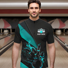 Load image into Gallery viewer, Custom Black And Blue Flame Duckpin Bowling Team Men Quarter-Zip Shirts, Duckpin Tournament Outfit IPHW8946