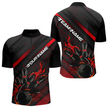 Load image into Gallery viewer, Custom Black And Red Flame Duckpin Bowling Quarter-Zip Shirts For Men, Bowling Team League Shirt IPHW8947