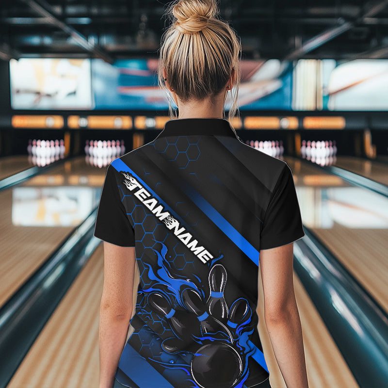 Custom Black And Blue Flame Duckpin Bowling Women Quarter-Zip Shirts, Bowling League Shirt IPHW8949