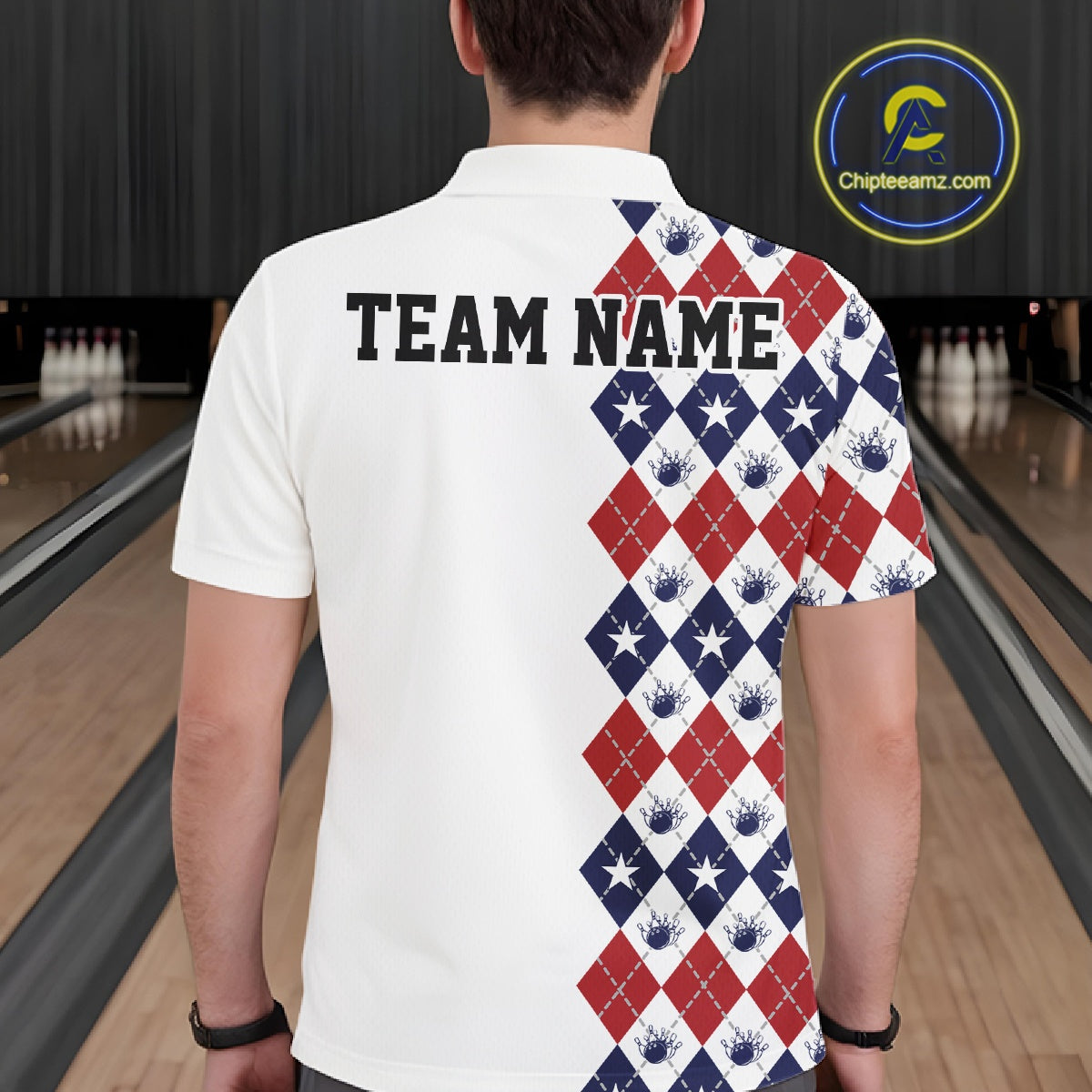 Custom Patriotic Argyle Pattern Bowling Team Men Polo Shirt, Retro Bowling Shirt IPHW11665