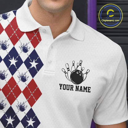 Custom Patriotic Argyle Pattern Bowling Team Men Polo Shirt, Retro Bowling Shirt IPHW11665