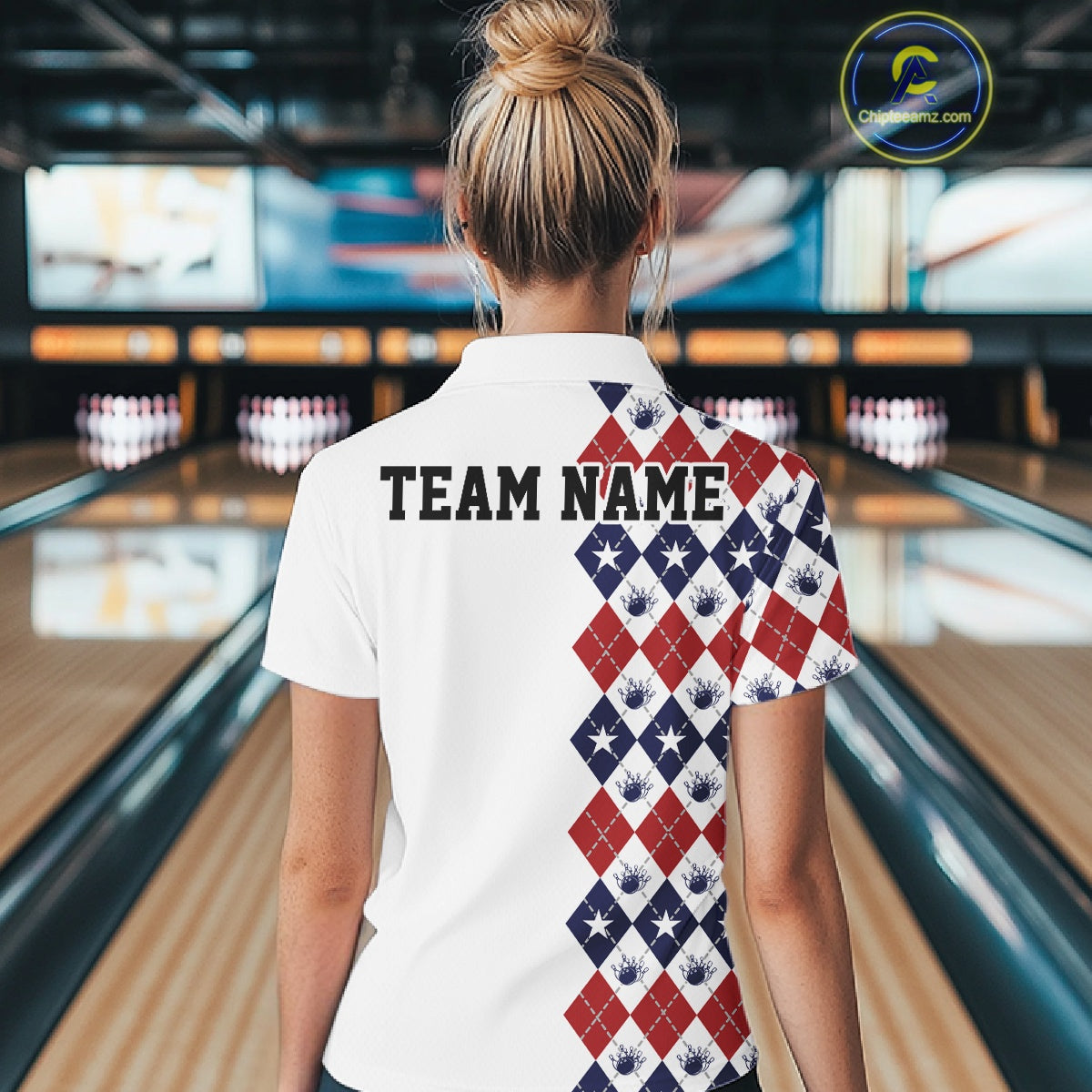 Custom Patriotic Argyle Pattern Bowling Team Women Polo Shirt, Retro Bowling Shirt IPHW11665