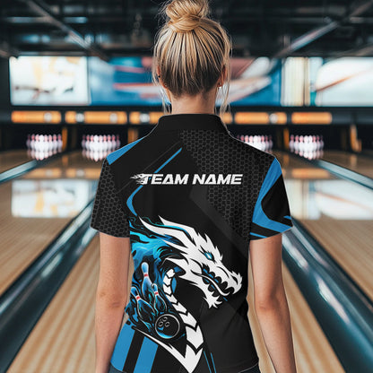 Custom Black And Blue Dragon Bowling Jerseys, Team Women Quarter-Zip Shirts Bowlers Outfit IPHW8700