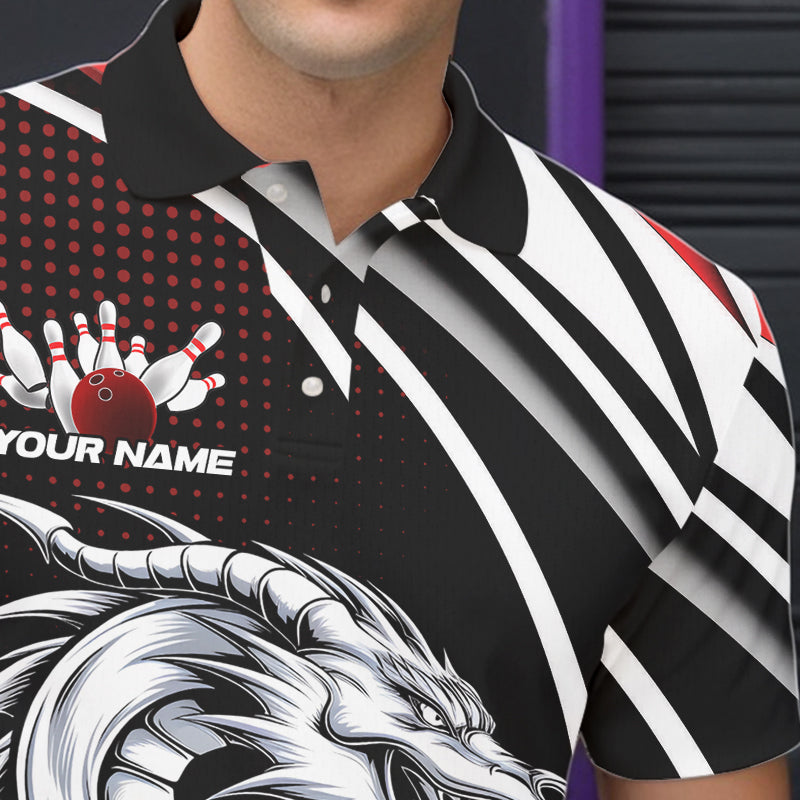 Custom Black And Red Dragon Bowling Team Polo Shirts For Men, Dragon Bowling Jerseys IPHW8705